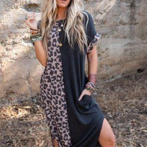 Black Contrast Solid Leopard Short Sleeve T-shirt Dress with Slits